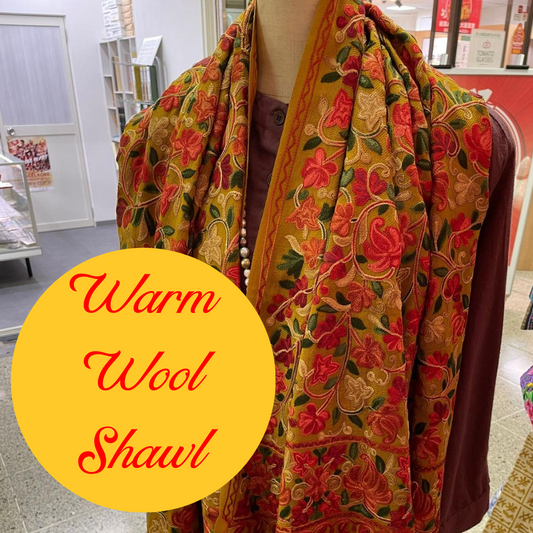 Embroidered Wool Shawl in Paisley and Floral Motifs