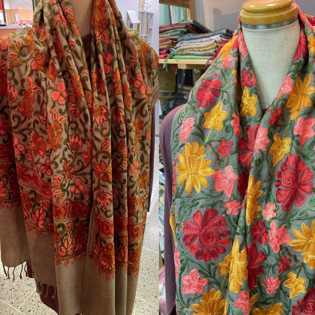 Embroidered Wool Shawl in Paisley and Floral Motifs