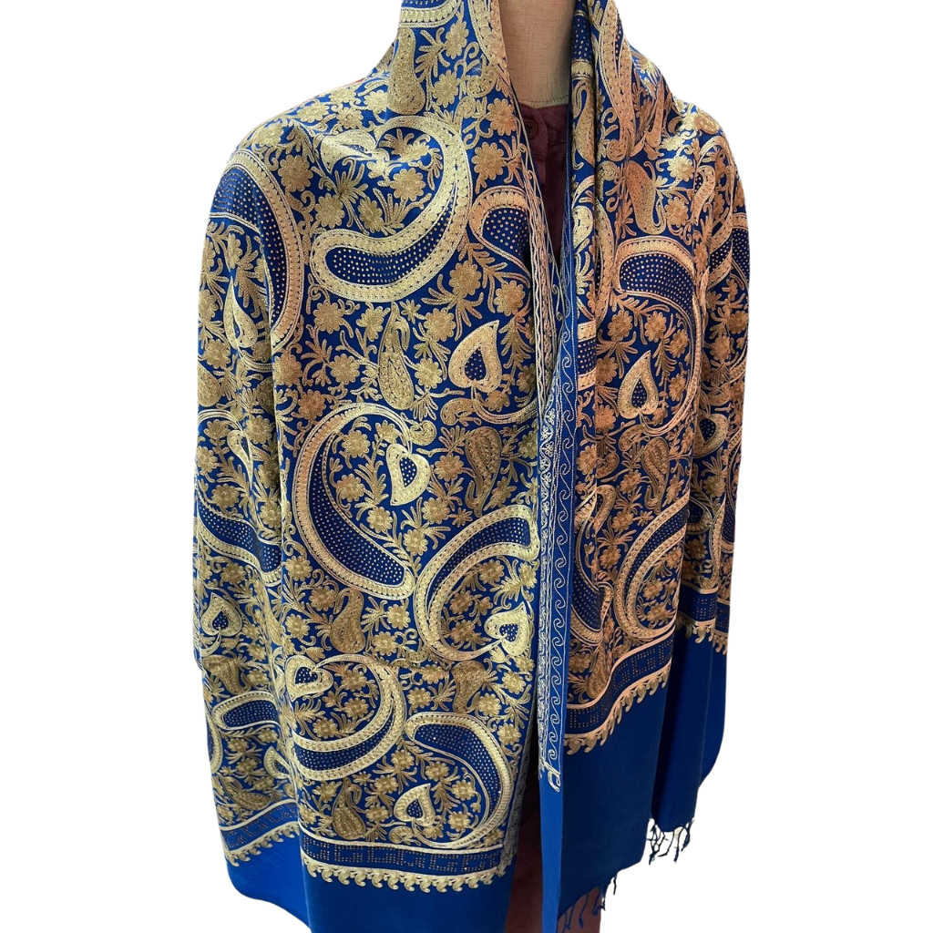 Embroidered Wool Shawl in Paisley and Floral Motifs