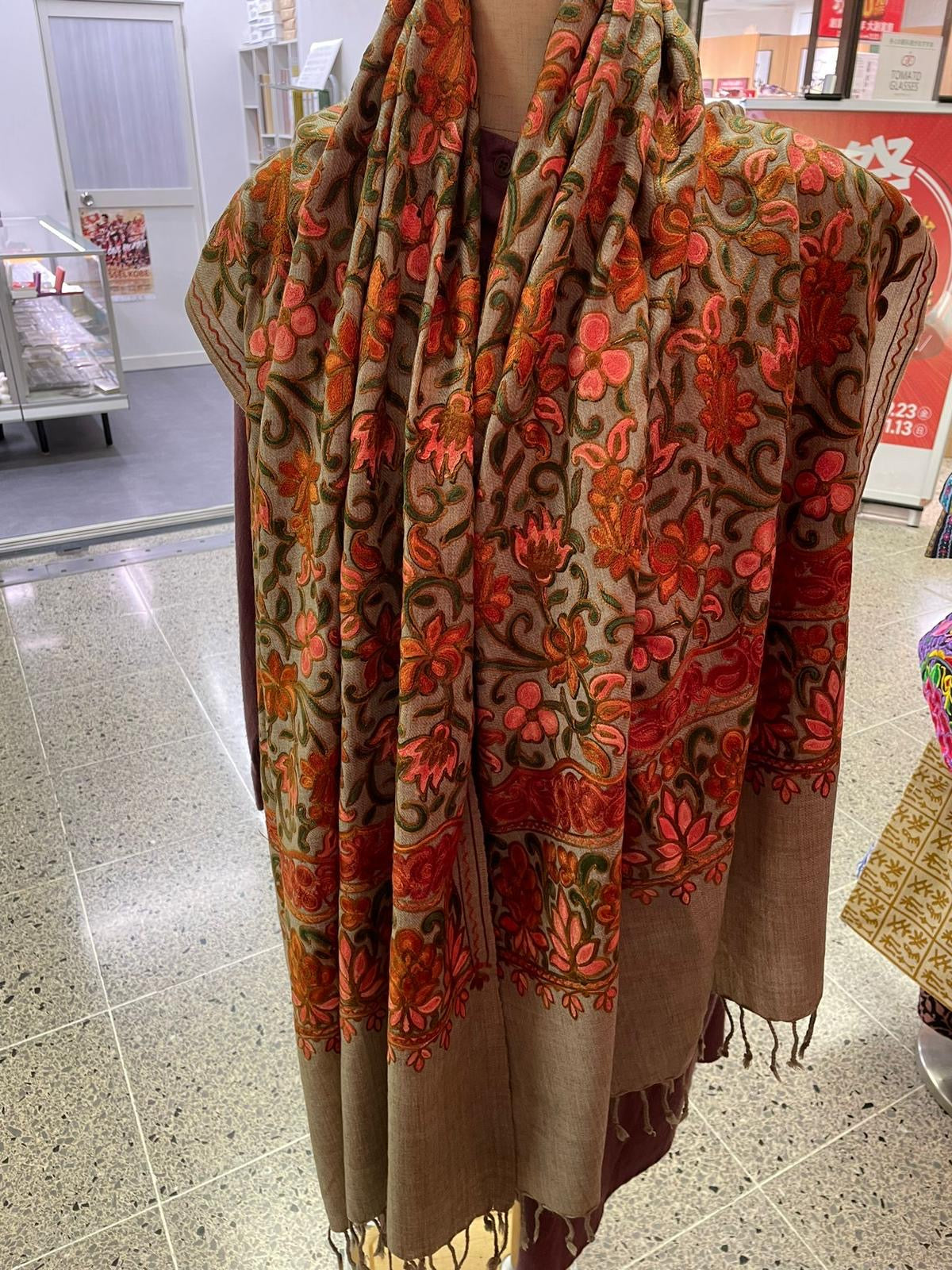 Embroidered Wool Shawl in Paisley and Floral Motifs