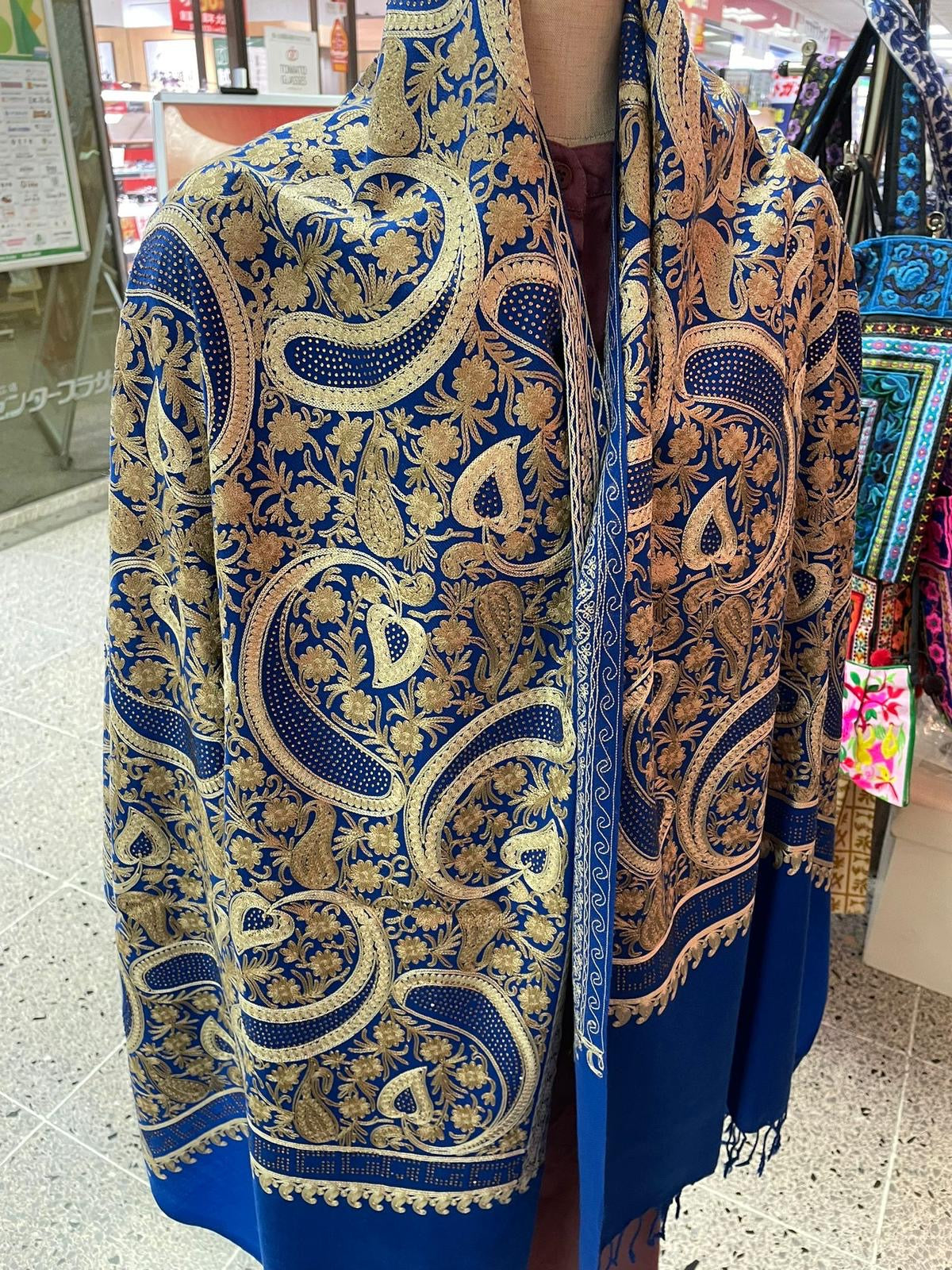 Embroidered Wool Shawl in Paisley and Floral Motifs