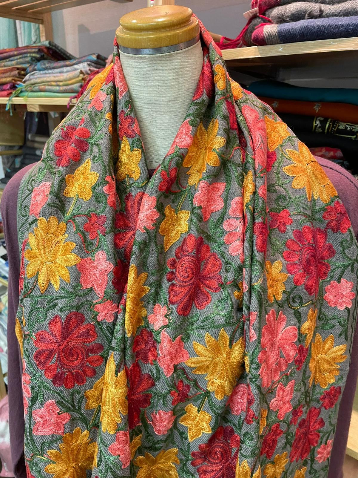 Embroidered Wool Shawl in Paisley and Floral Motifs